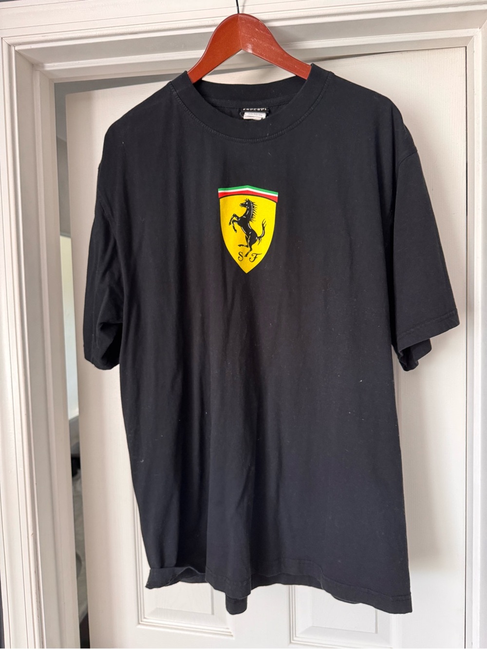 Ferrari Black Crewneck T-Shirt with White Logo Tag